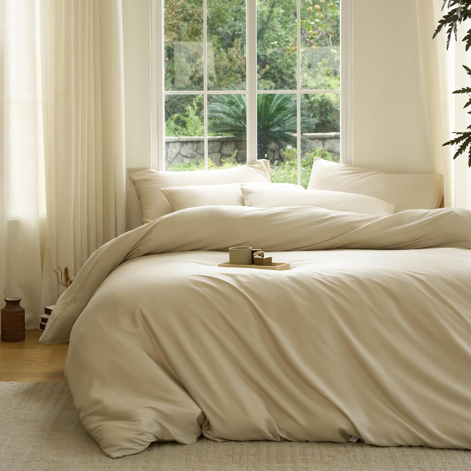 Yuelora Duvet Cover Set, Bamboo Viscose, Ivory, Full/Queen