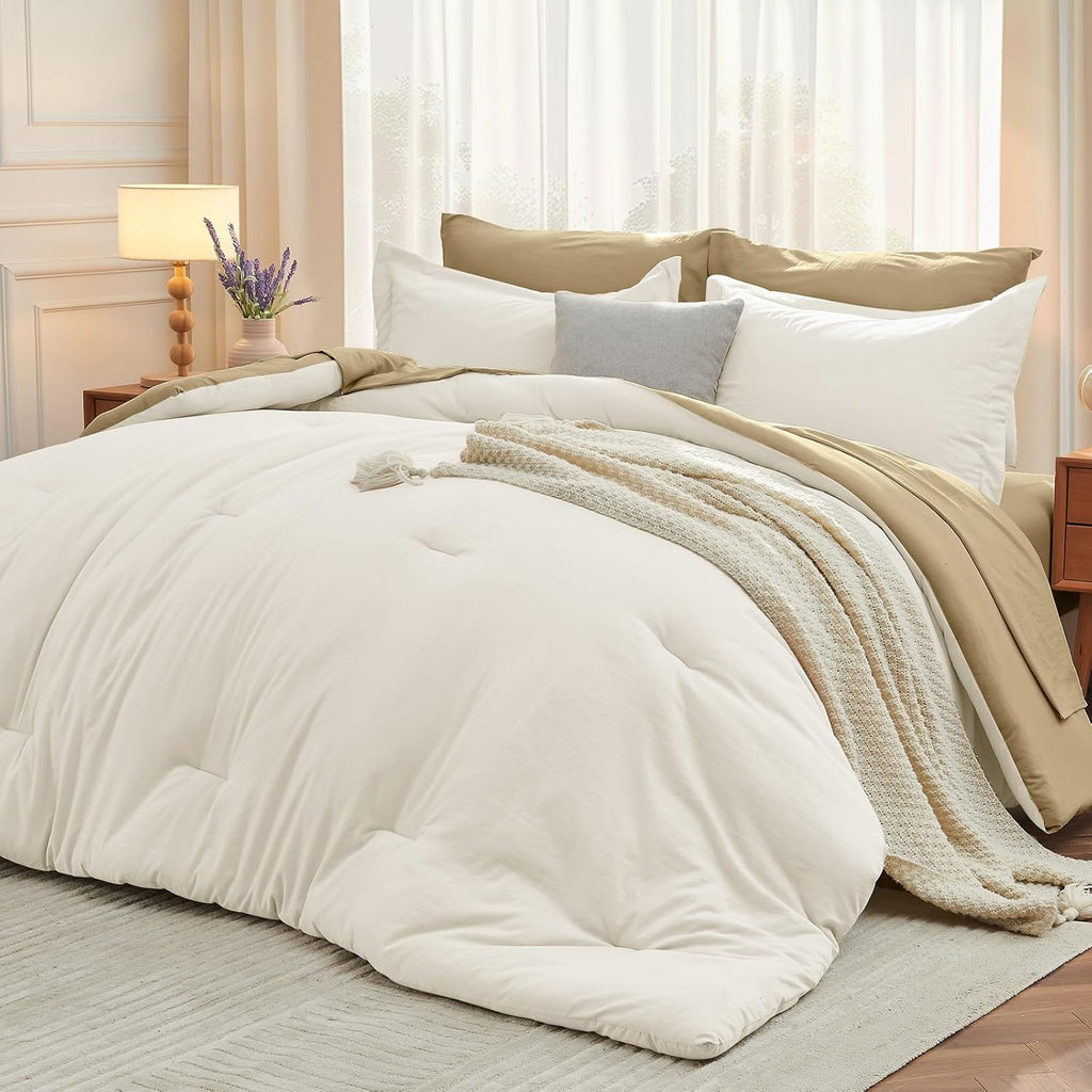 Yuelora Queen Bed in a Bag Set, 7 Pieces, Beige