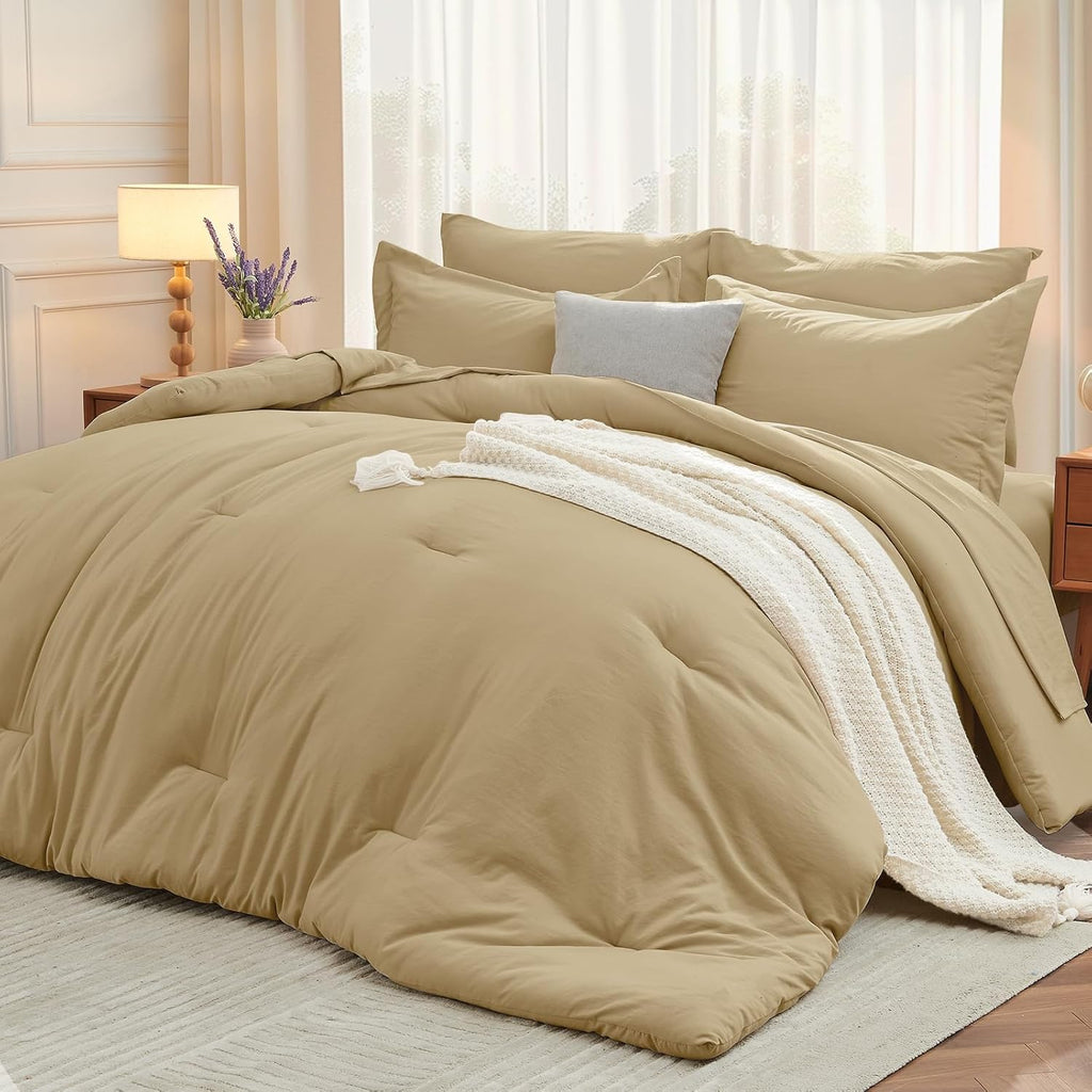 Yuelora Queen Bed in a Bag Set, 7 Pieces, Beige