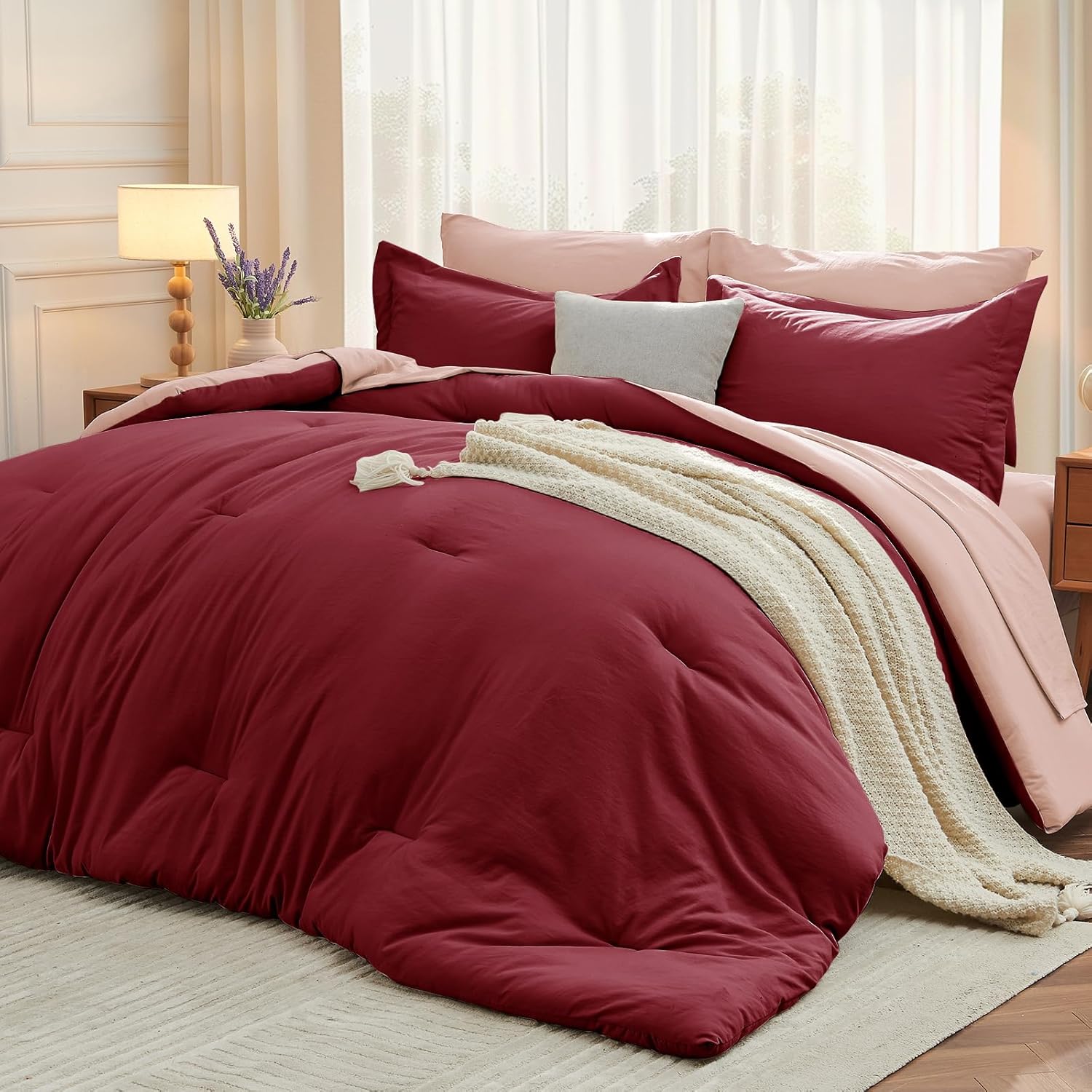 Yuelora Queen Bed in a Bag Set, 7 Pieces, Beige