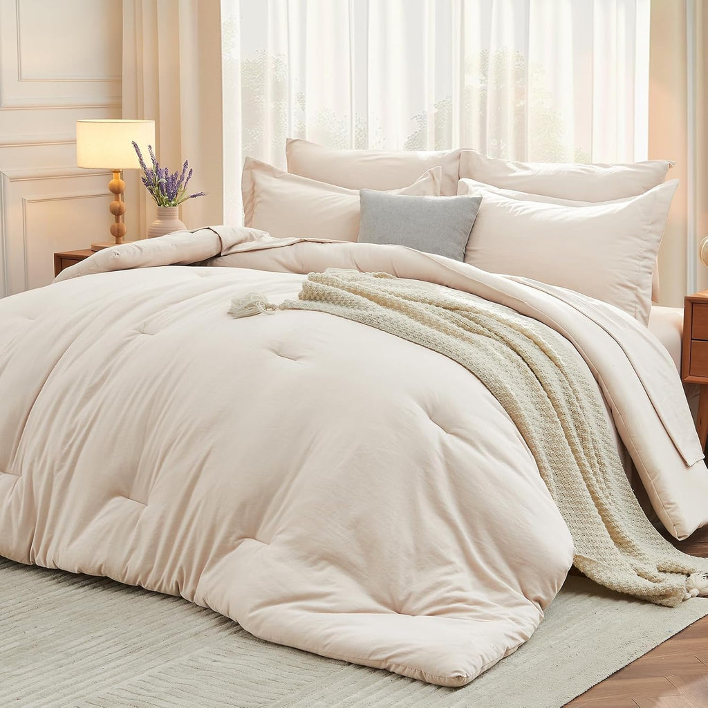 Yuelora Queen Bed in a Bag Set, 7 Pieces, Beige
