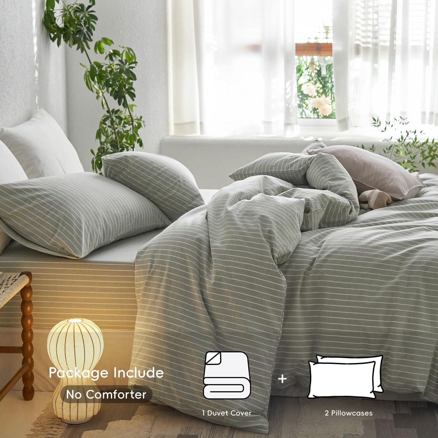 Yuelora Washed Cotton Duvet Cover Set, Sage Green Stripe, King Size