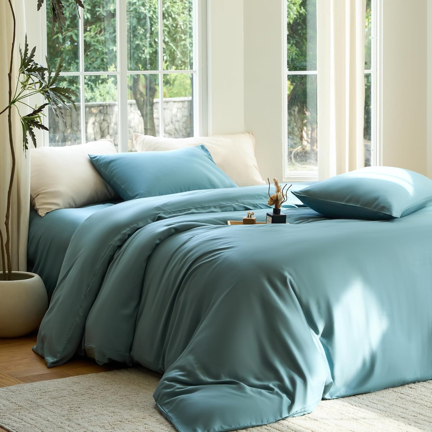 Yuelora Duvet Cover Set, Bamboo Viscose, Ivory, Full/Queen