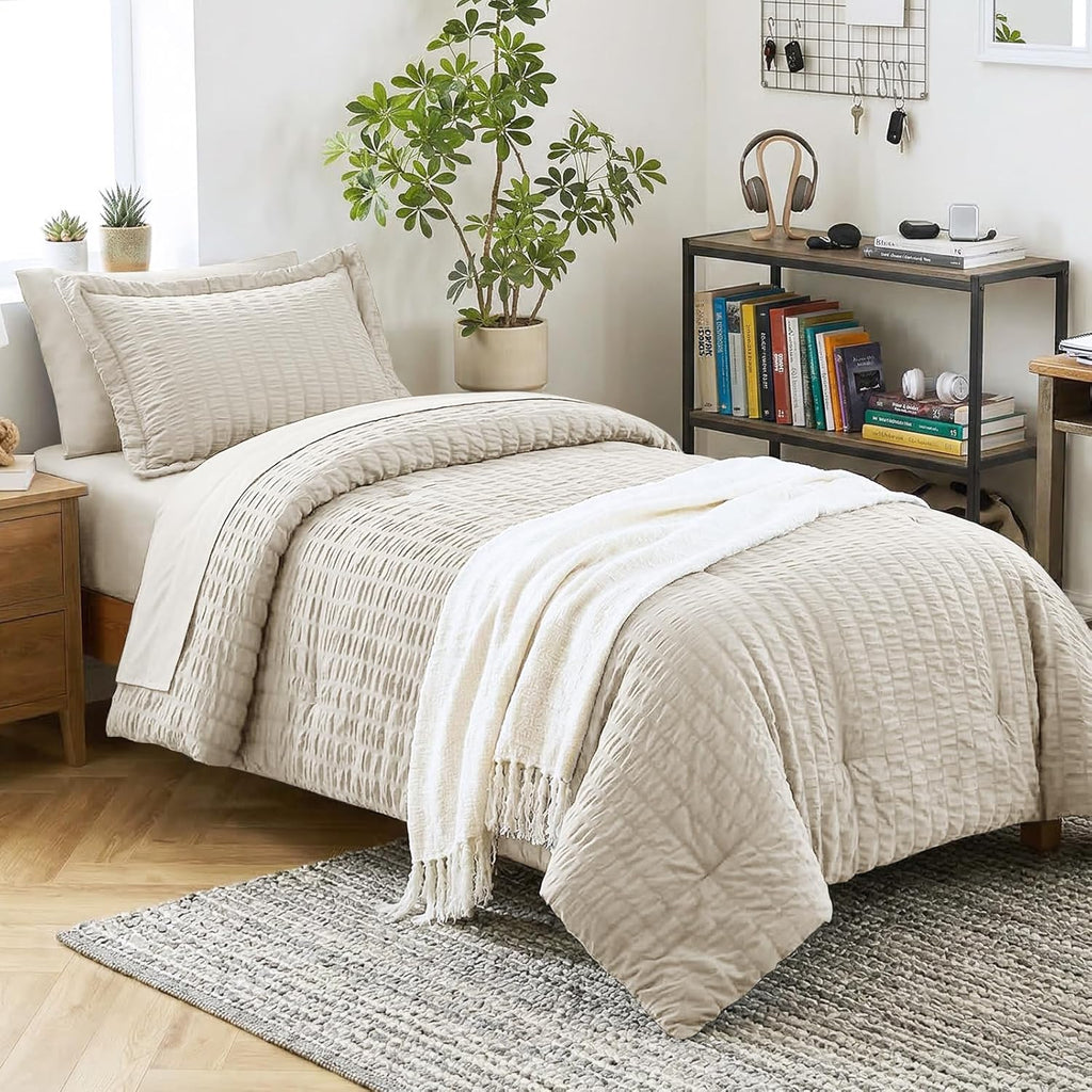 Yuelora Queen Bedding Set, 7 Pieces, Brown Seersucker Comforter Set
