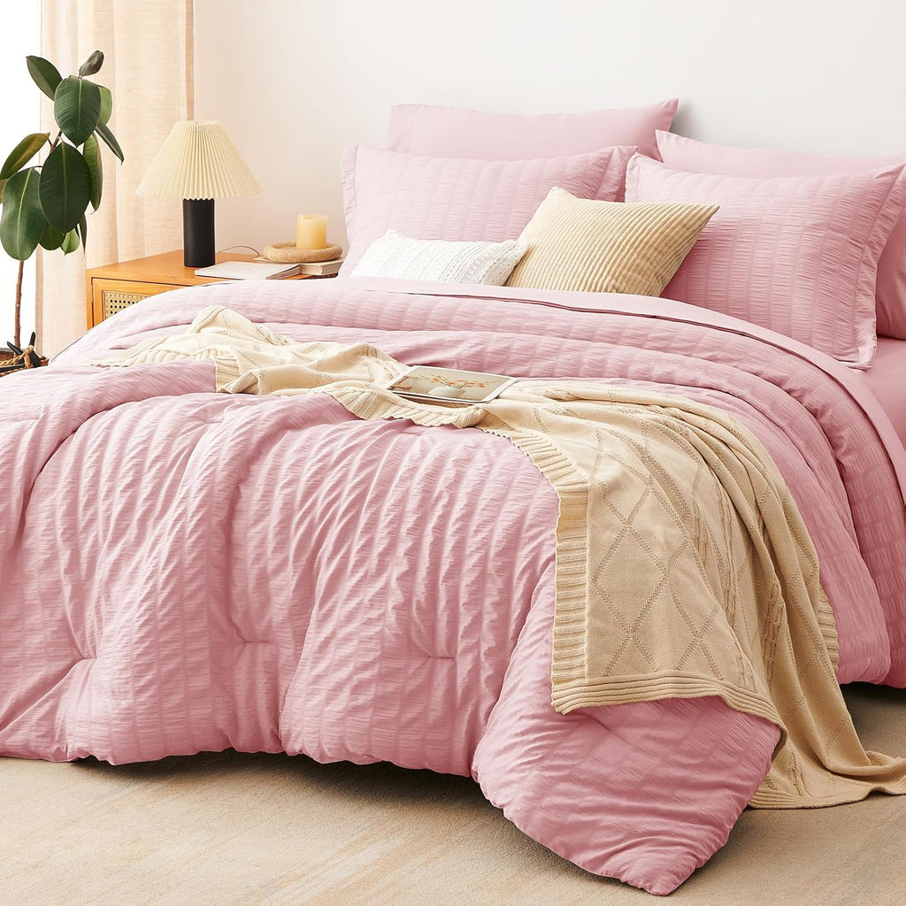 Yuelora Queen Bedding Set, 7 Pieces, Brown Seersucker Comforter Set
