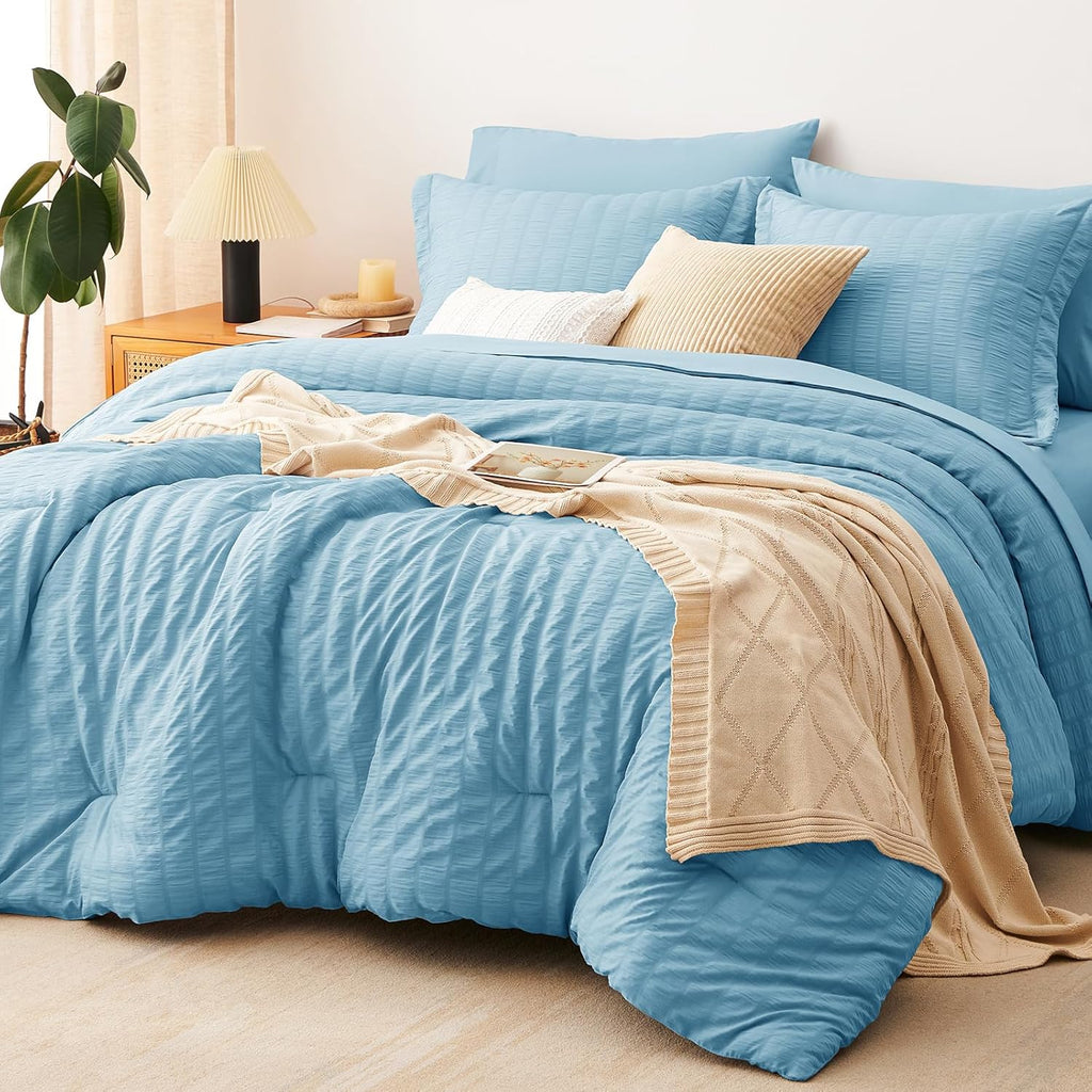 Yuelora Queen Bedding Set, 7 Pieces, Brown Seersucker Comforter Set
