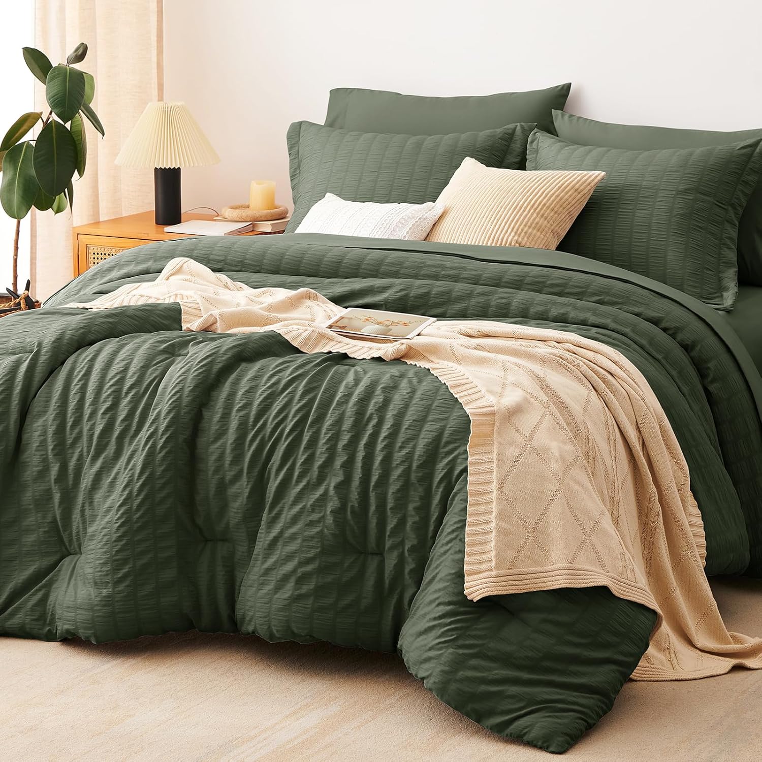 Yuelora Queen Bedding Set, 7 Pieces, Brown Seersucker Comforter Set