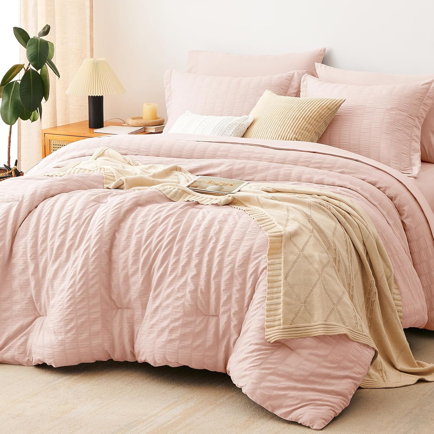 Yuelora Queen Bedding Set, 7 Pieces, Brown Seersucker Comforter Set