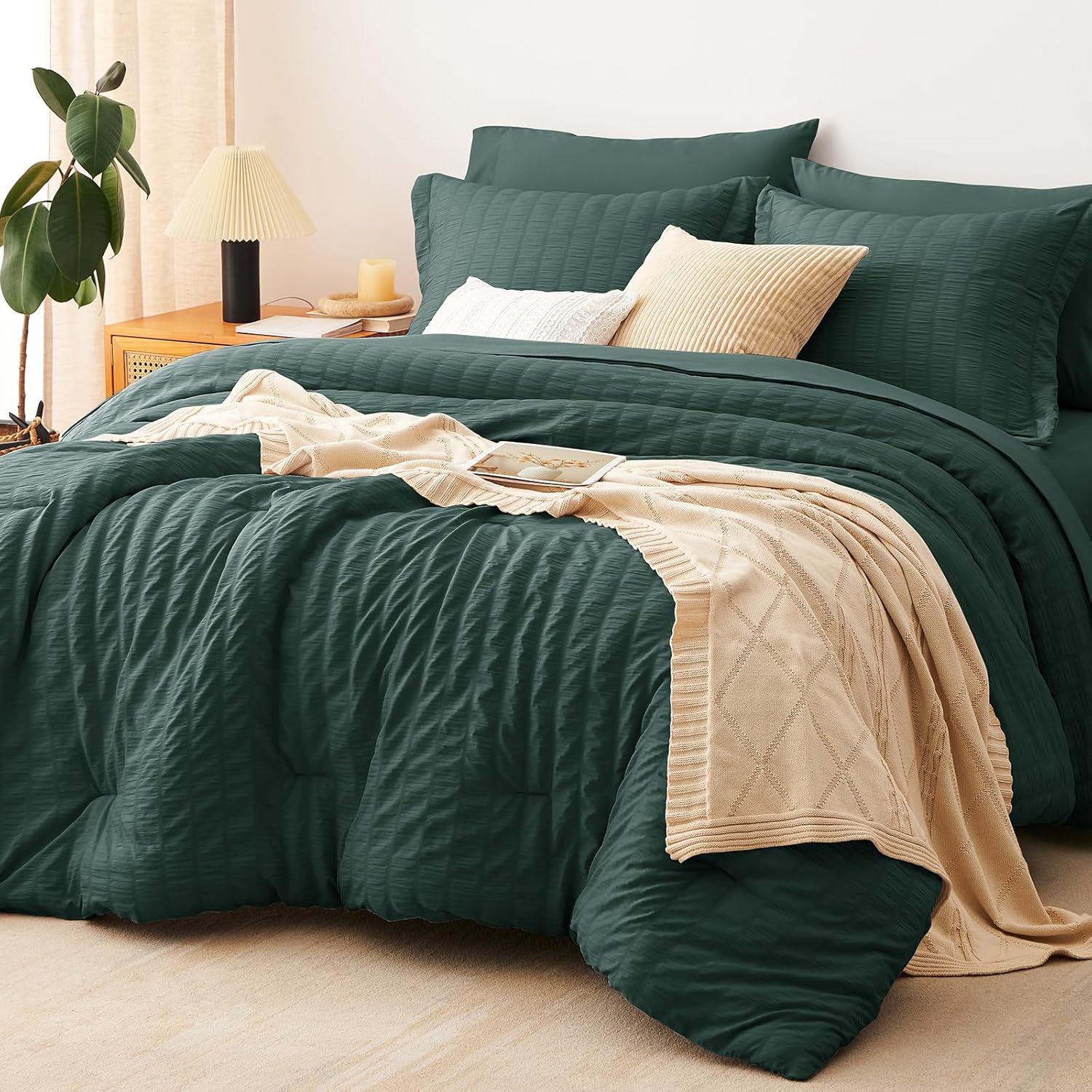 Yuelora Queen Bedding Set, 7 Pieces, Brown Seersucker Comforter Set