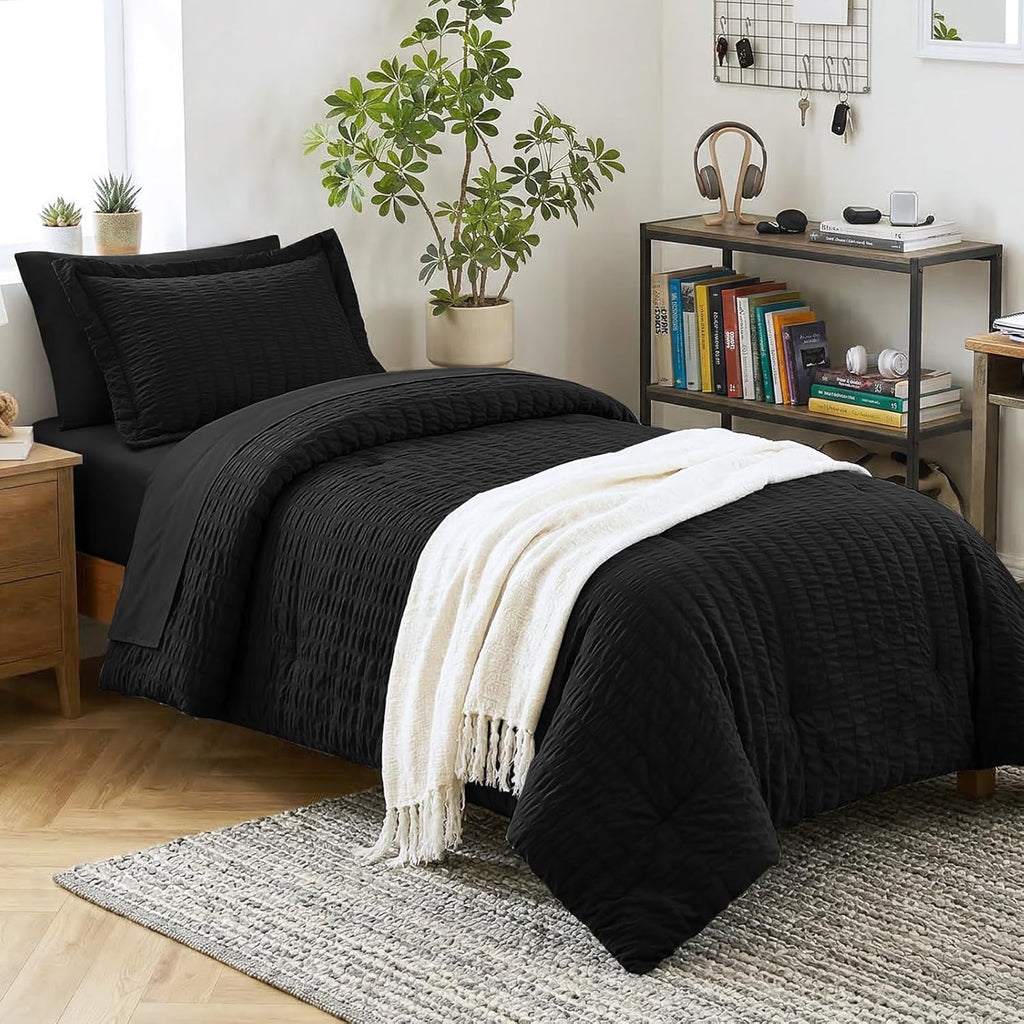 Yuelora Queen Bedding Set, 7 Pieces, Brown Seersucker Comforter Set
