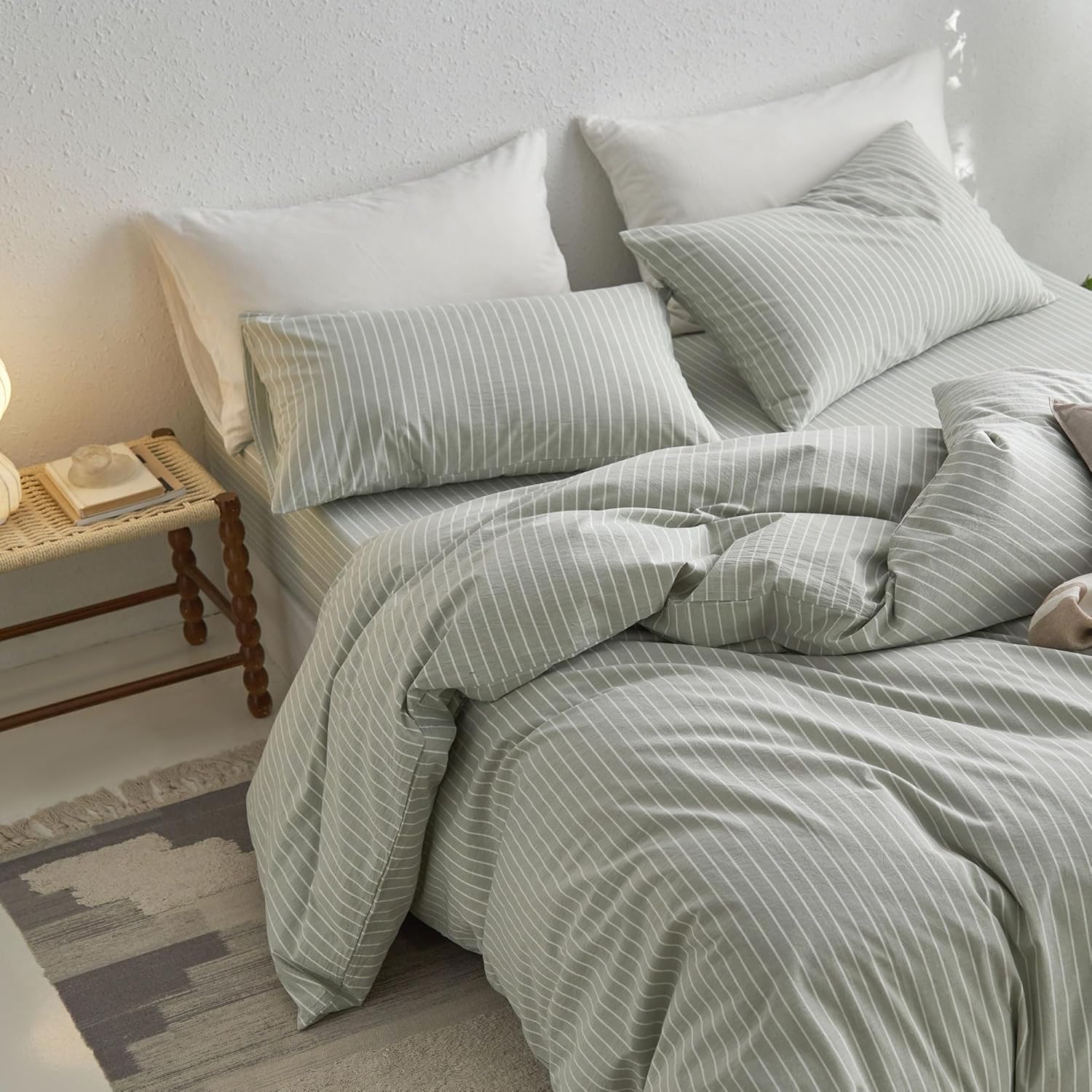 Yuelora Washed Cotton Duvet Cover Set, Sage Green Stripe, King Size