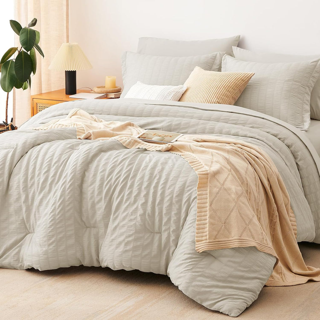 Yuelora Queen Bedding Set, 7 Pieces, Brown Seersucker Comforter Set