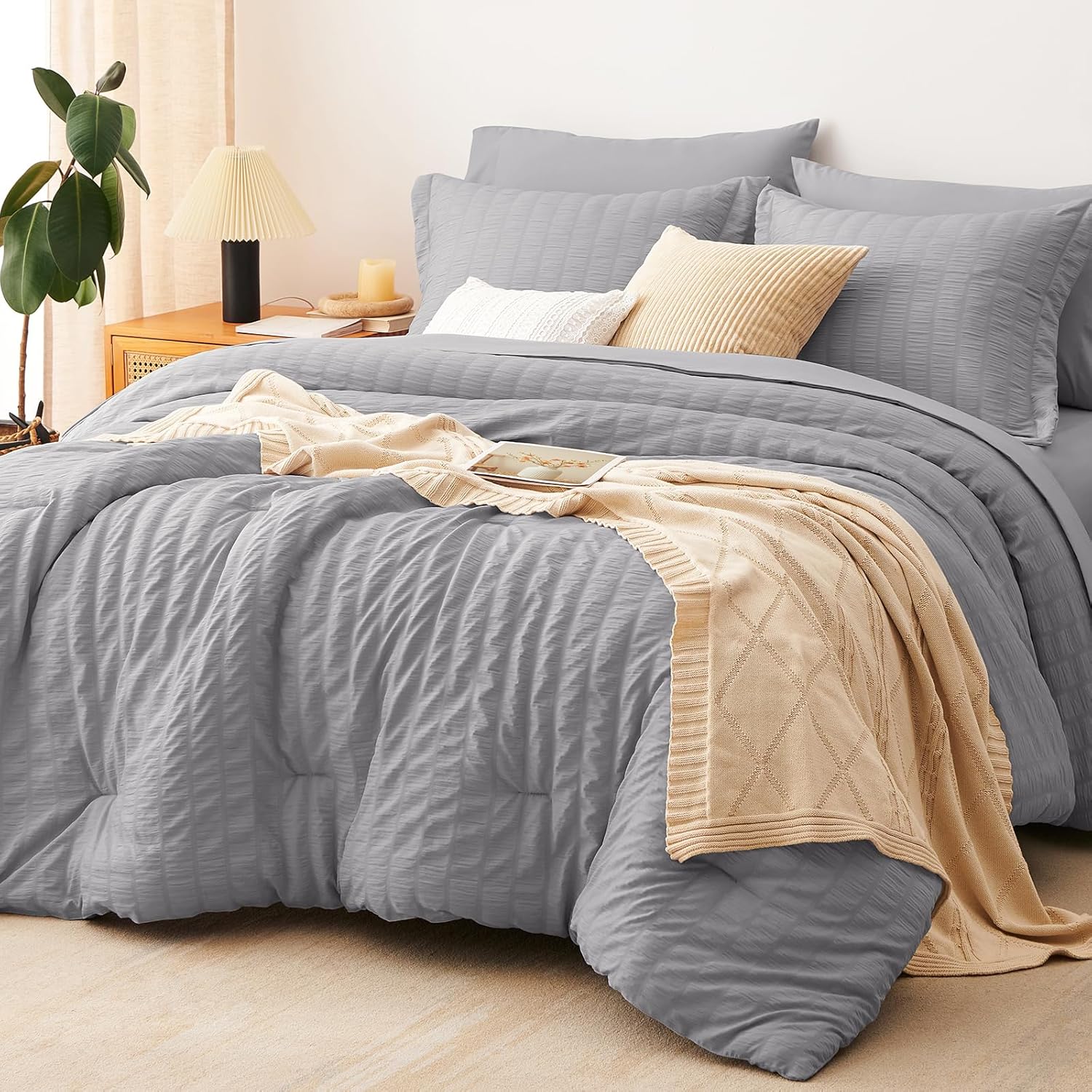 Yuelora Queen Bedding Set, 7 Pieces, Brown Seersucker Comforter Set