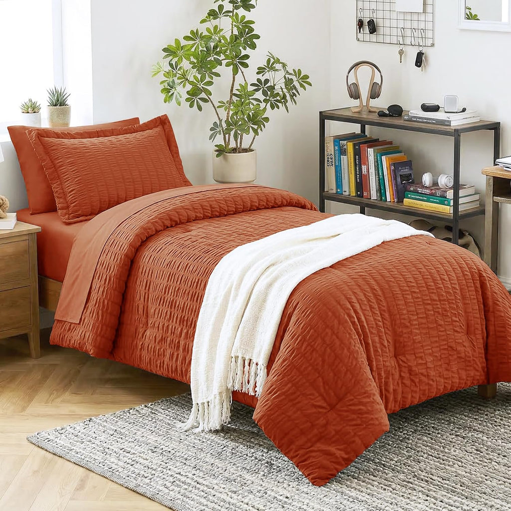 Yuelora Queen Bedding Set, 7 Pieces, Brown Seersucker Comforter Set