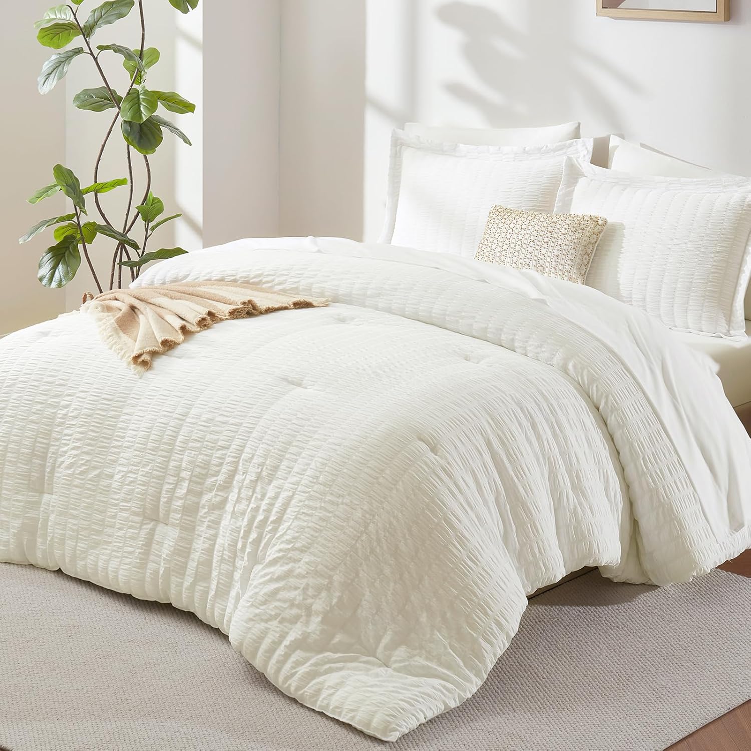 Yuelora Queen Bedding Set, 7 Pieces, Brown Seersucker Comforter Set