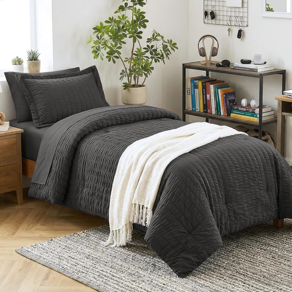 Yuelora Queen Bedding Set, 7 Pieces, Brown Seersucker Comforter Set