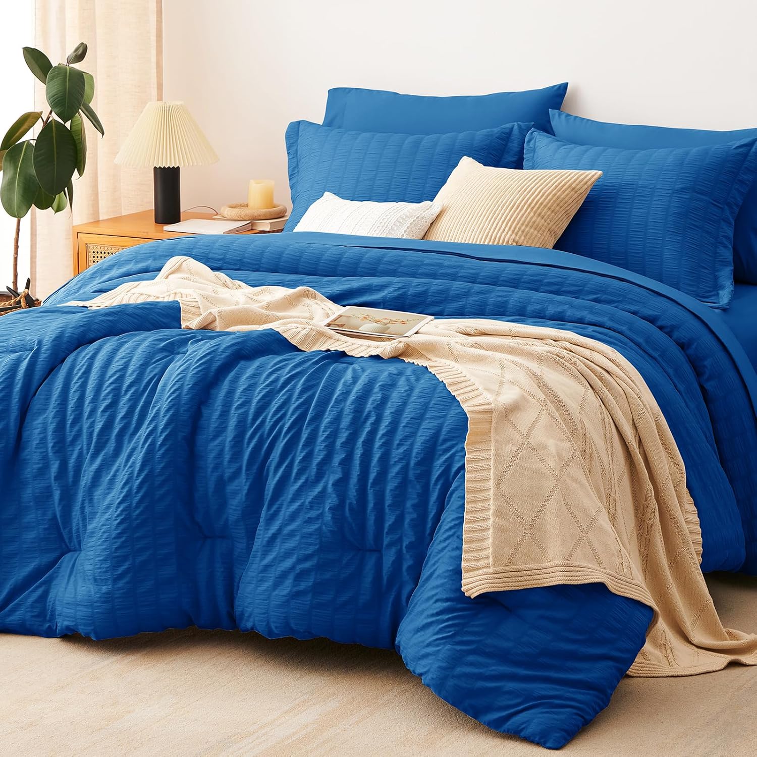 Yuelora Queen Bedding Set, 7 Pieces, Brown Seersucker Comforter Set
