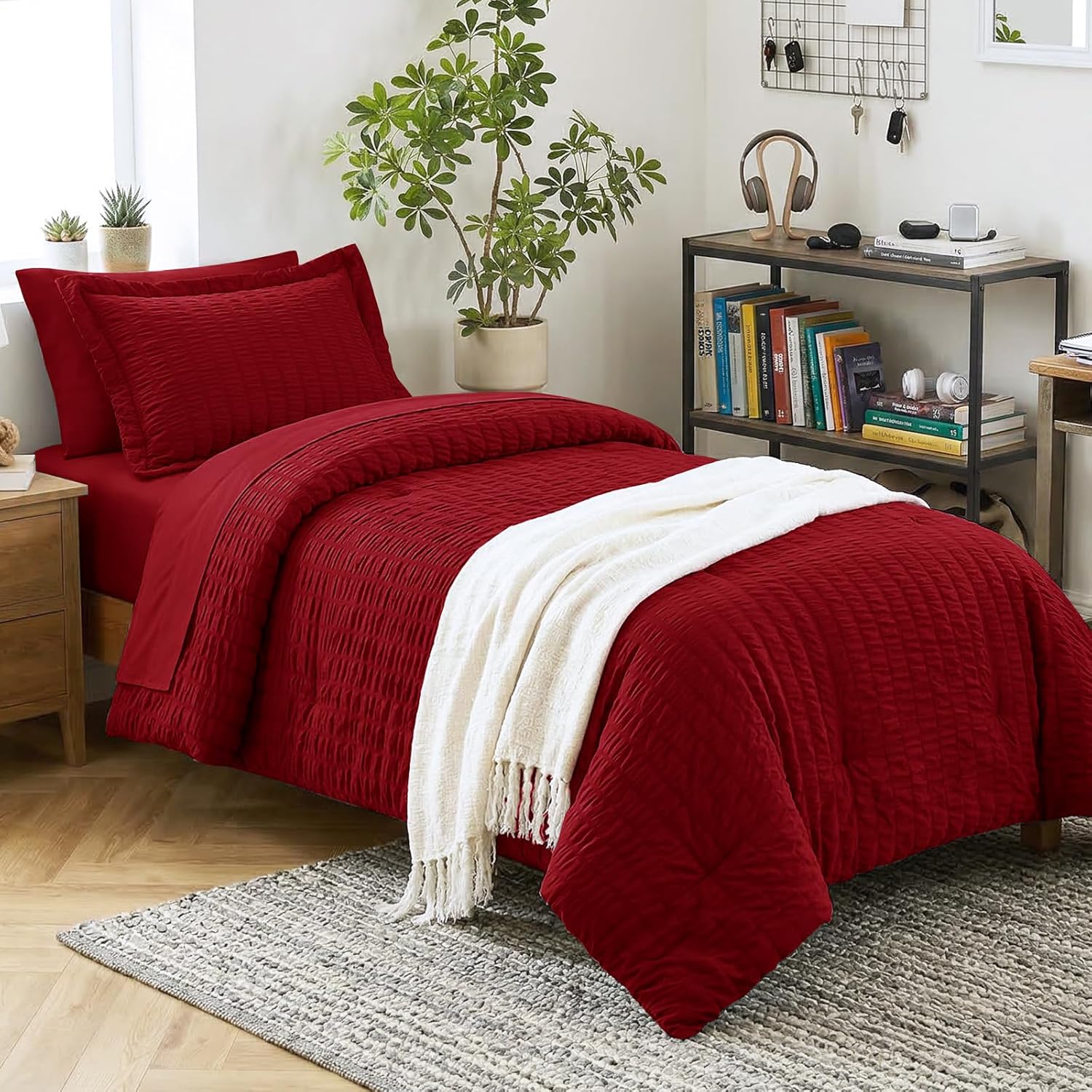 Yuelora Queen Bedding Set, 7 Pieces, Brown Seersucker Comforter Set
