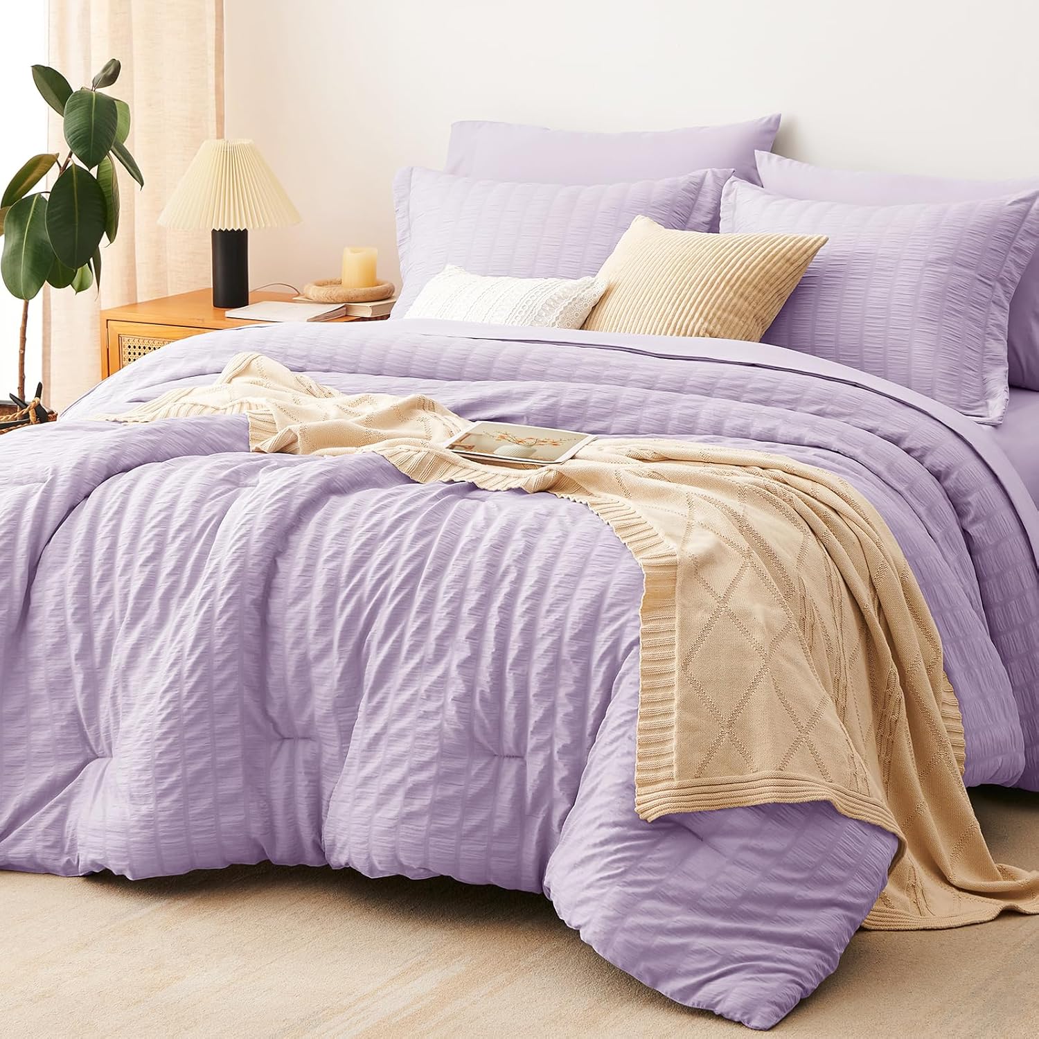 Yuelora Queen Bedding Set, 7 Pieces, Brown Seersucker Comforter Set