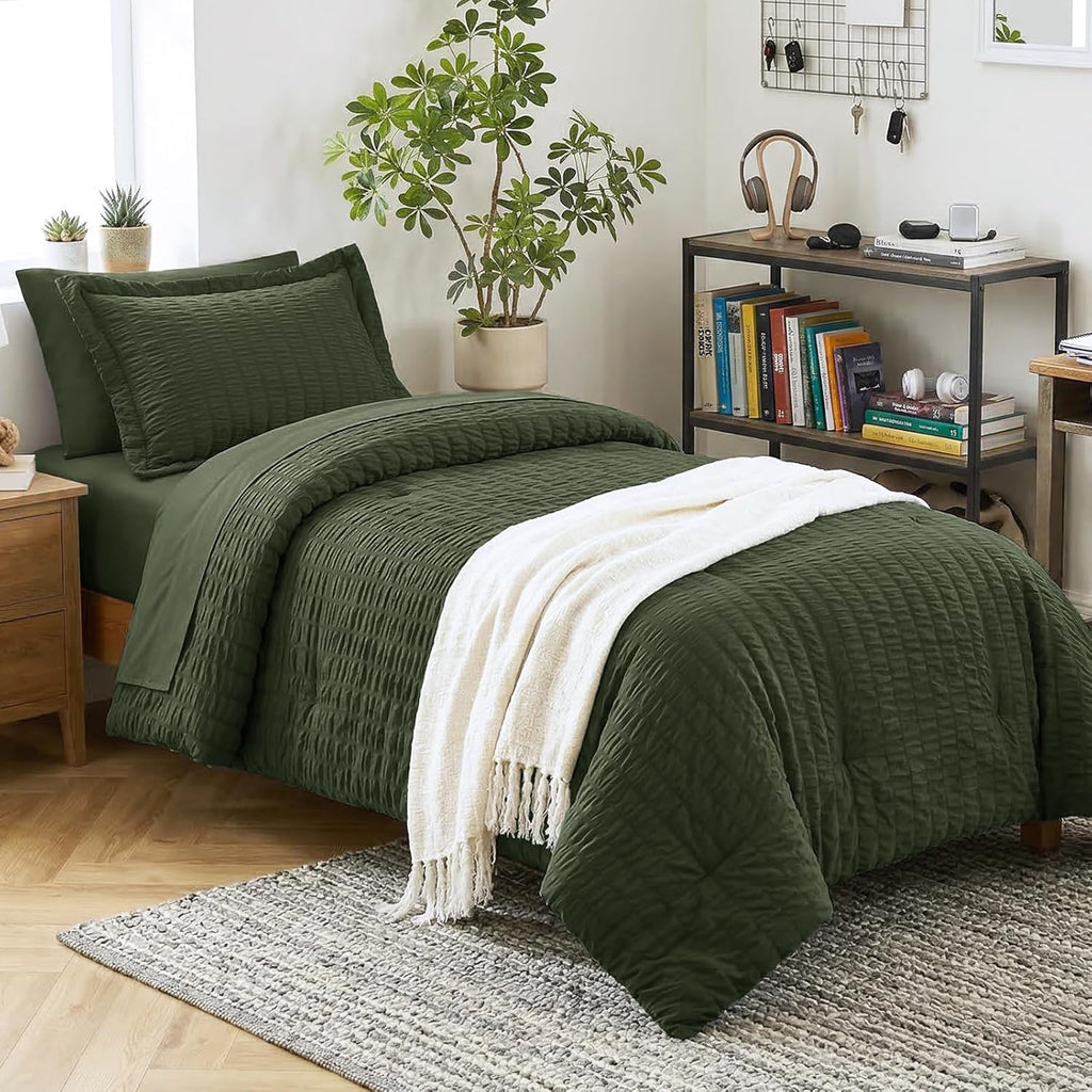 Yuelora Queen Bedding Set, 7 Pieces, Brown Seersucker Comforter Set