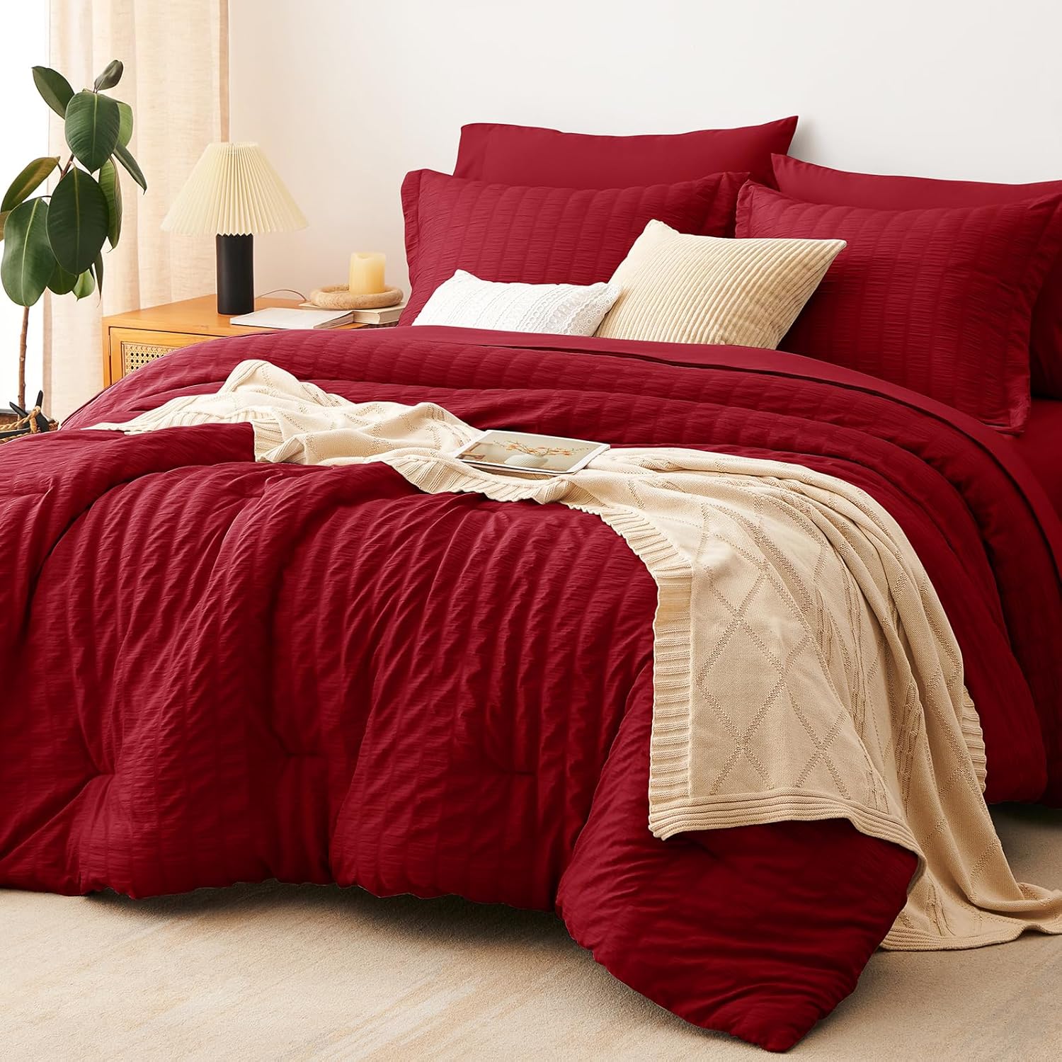 Yuelora Queen Bedding Set, 7 Pieces, Brown Seersucker Comforter Set