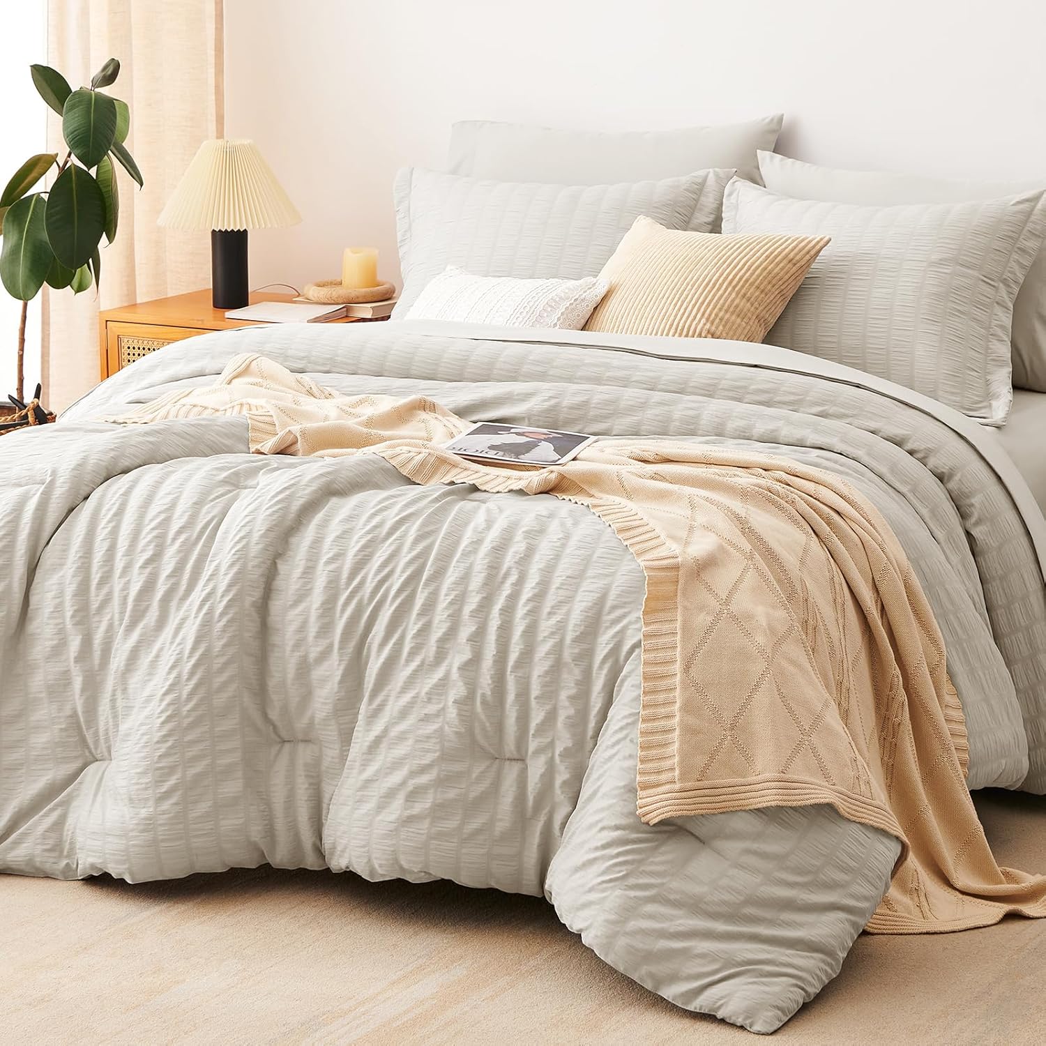 Yuelora Queen Bedding Set, 7 Pieces, Brown Seersucker Comforter Set