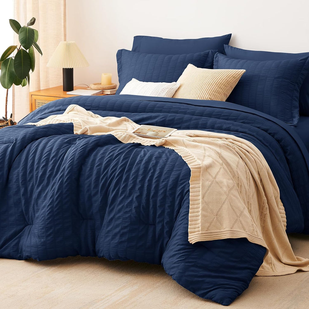 Yuelora Queen Bedding Set, 7 Pieces, Brown Seersucker Comforter Set