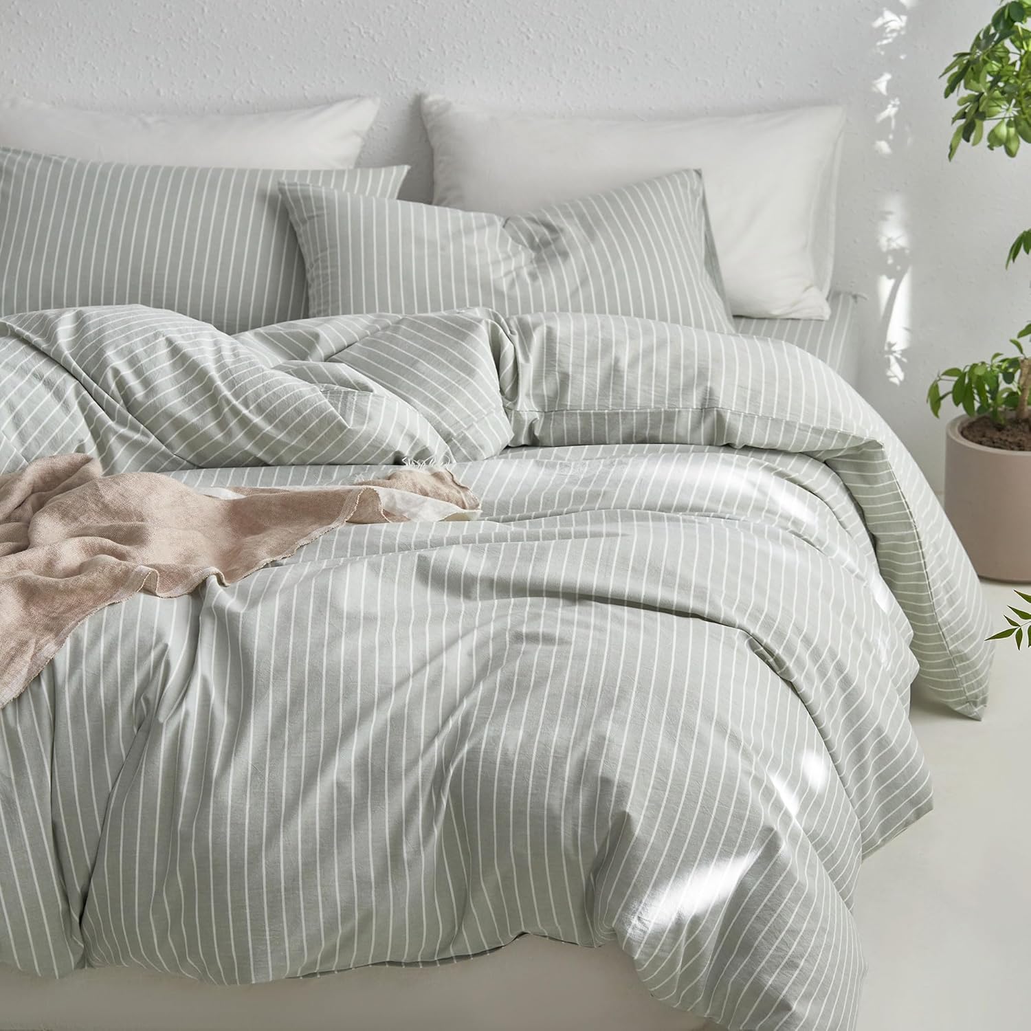 Yuelora Washed Cotton Duvet Cover Set, Sage Green Stripe, King Size