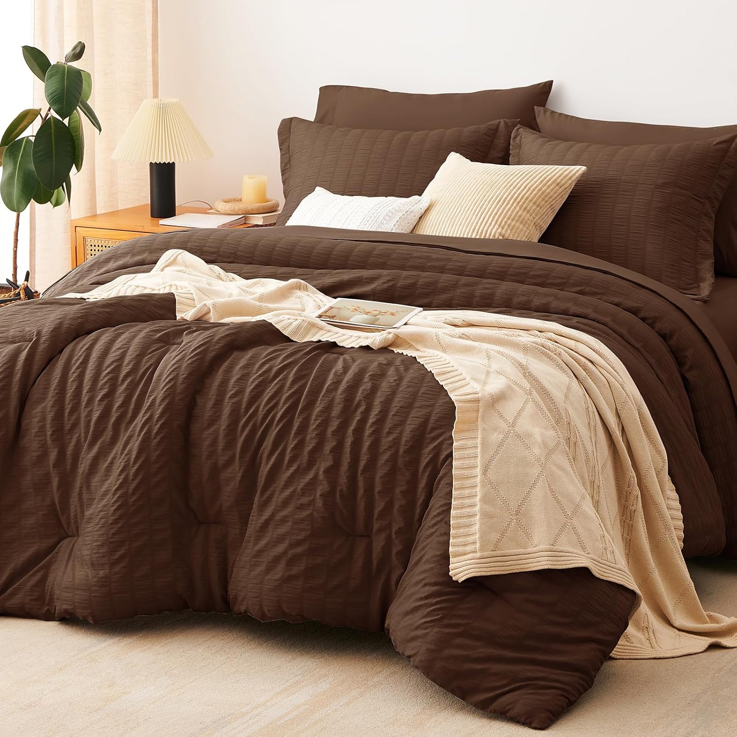 Yuelora Queen Bedding Set, 7 Pieces, Brown Seersucker Comforter Set