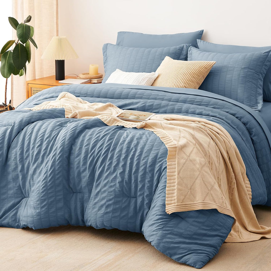 Yuelora Queen Bedding Set, 7 Pieces, Brown Seersucker Comforter Set