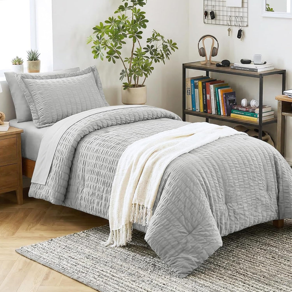 Yuelora Queen Bedding Set, 7 Pieces, Brown Seersucker Comforter Set
