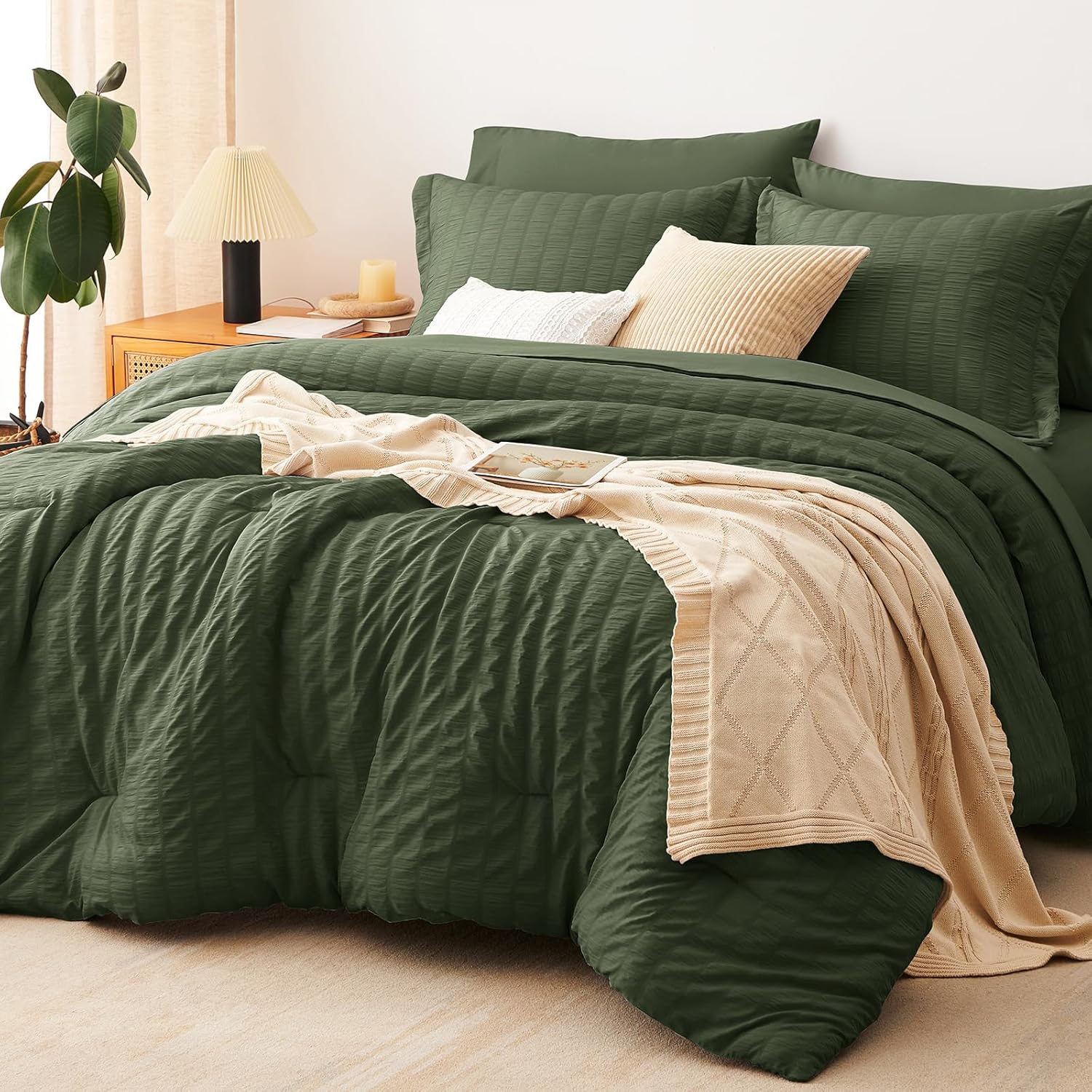 Yuelora Queen Bedding Set, 7 Pieces, Brown Seersucker Comforter Set
