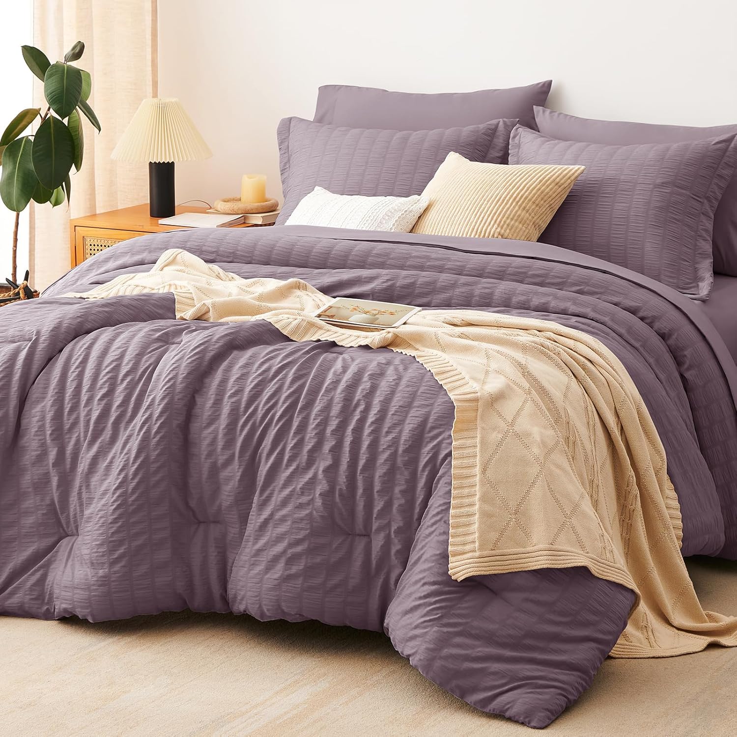 Yuelora Queen Bedding Set, 7 Pieces, Brown Seersucker Comforter Set