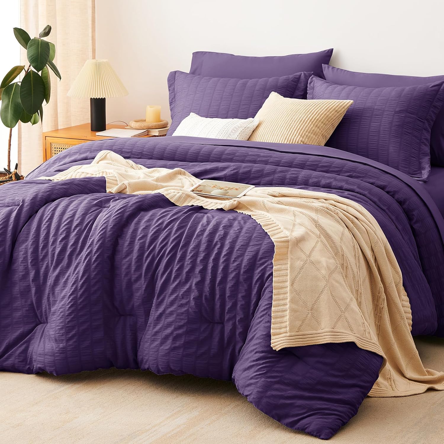 Yuelora Queen Bedding Set, 7 Pieces, Brown Seersucker Comforter Set
