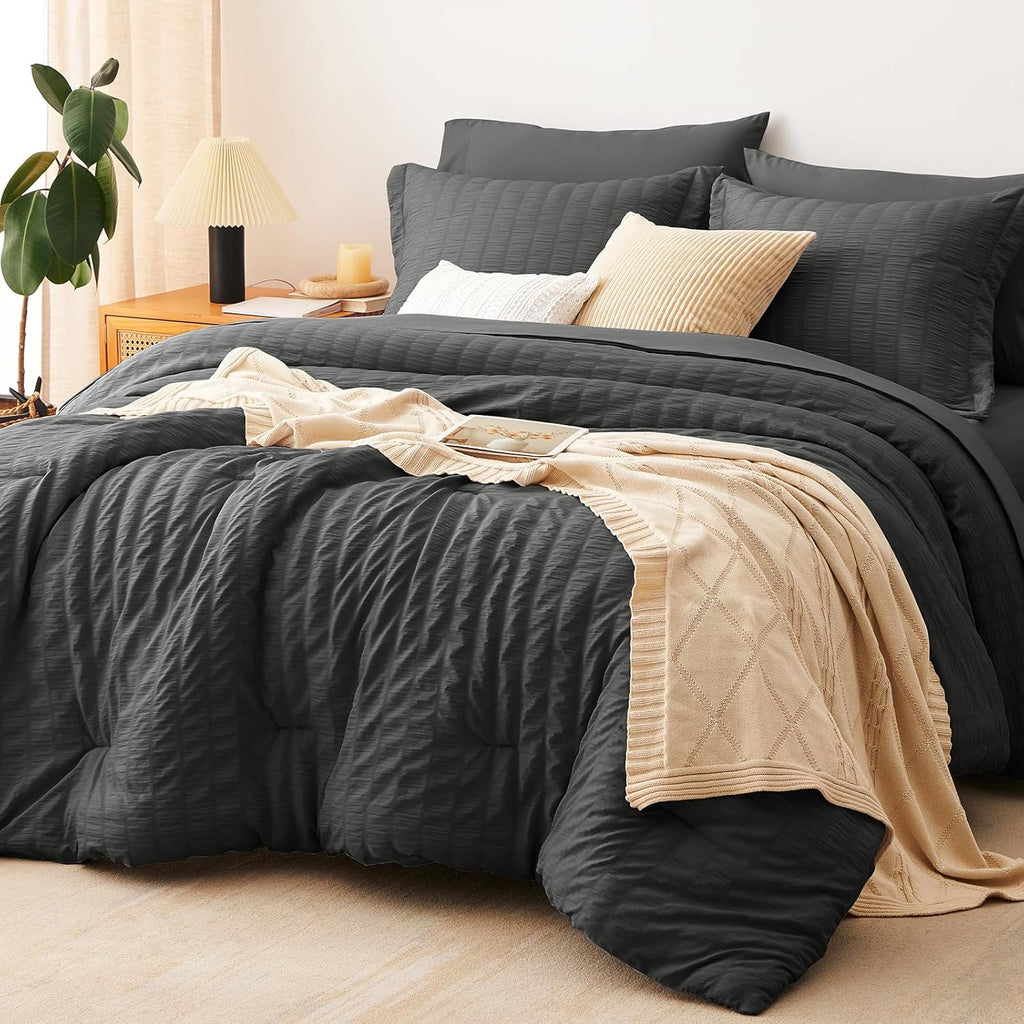 Yuelora Queen Bedding Set, 7 Pieces, Brown Seersucker Comforter Set