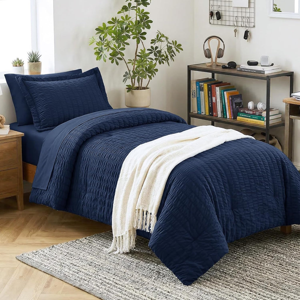 Yuelora Queen Bedding Set, 7 Pieces, Brown Seersucker Comforter Set