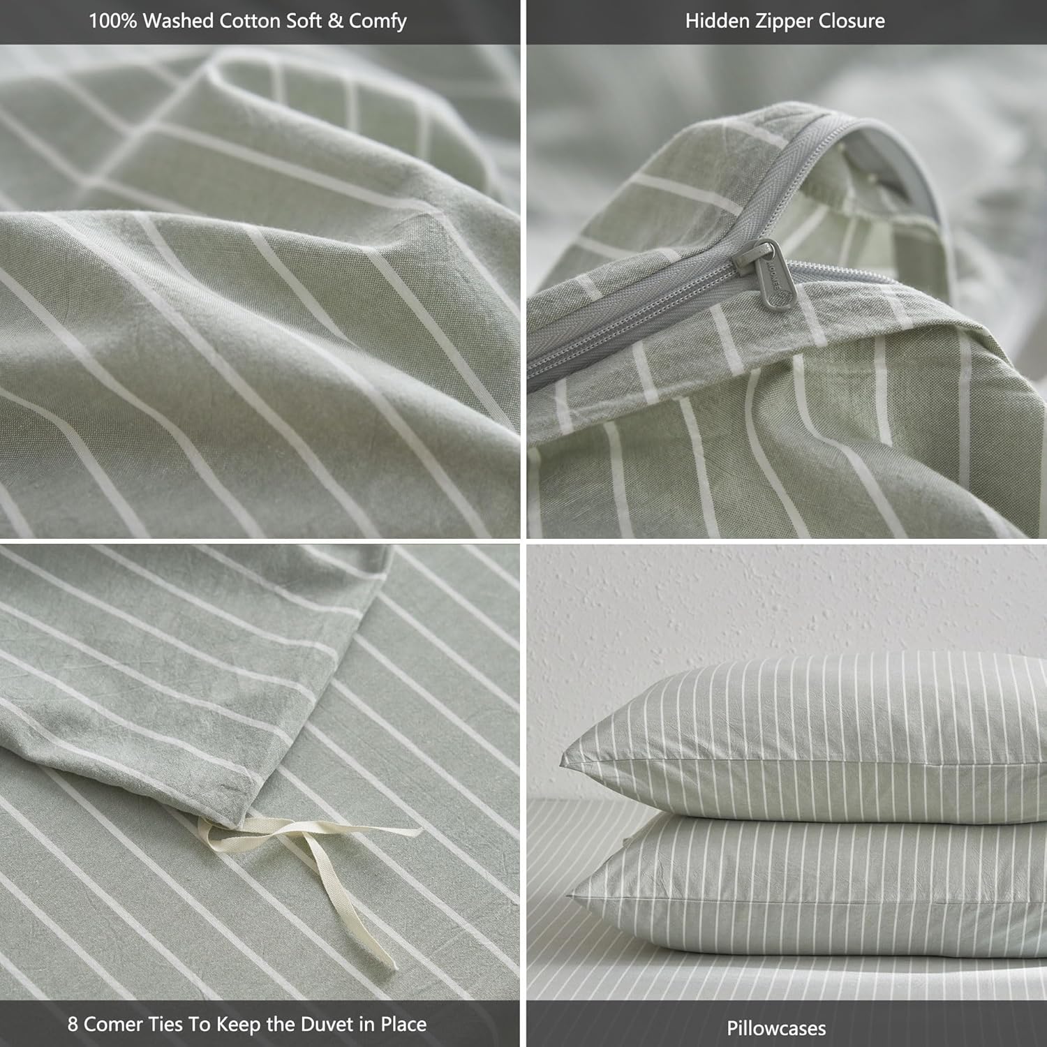 Yuelora Washed Cotton Duvet Cover Set, Sage Green Stripe, King Size