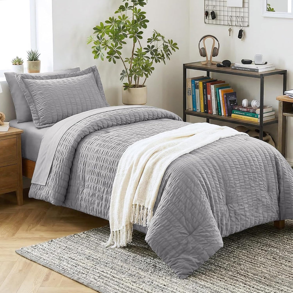 Yuelora Queen Bedding Set, 7 Pieces, Brown Seersucker Comforter Set