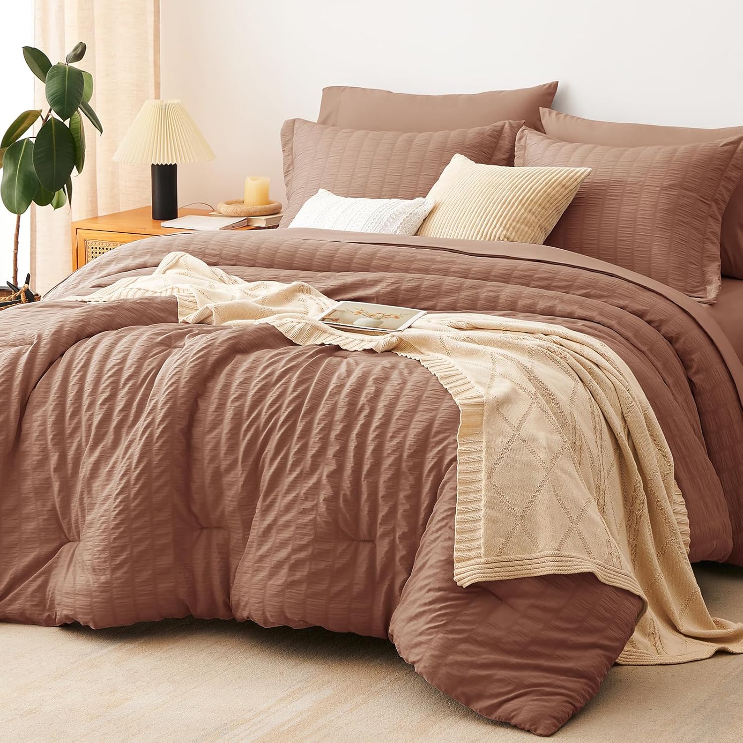 Yuelora Queen Bedding Set, 7 Pieces, Brown Seersucker Comforter Set