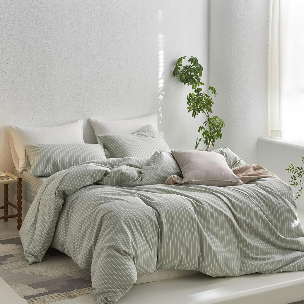 Yuelora Washed Cotton Duvet Cover Set, Sage Green Stripe, King Size