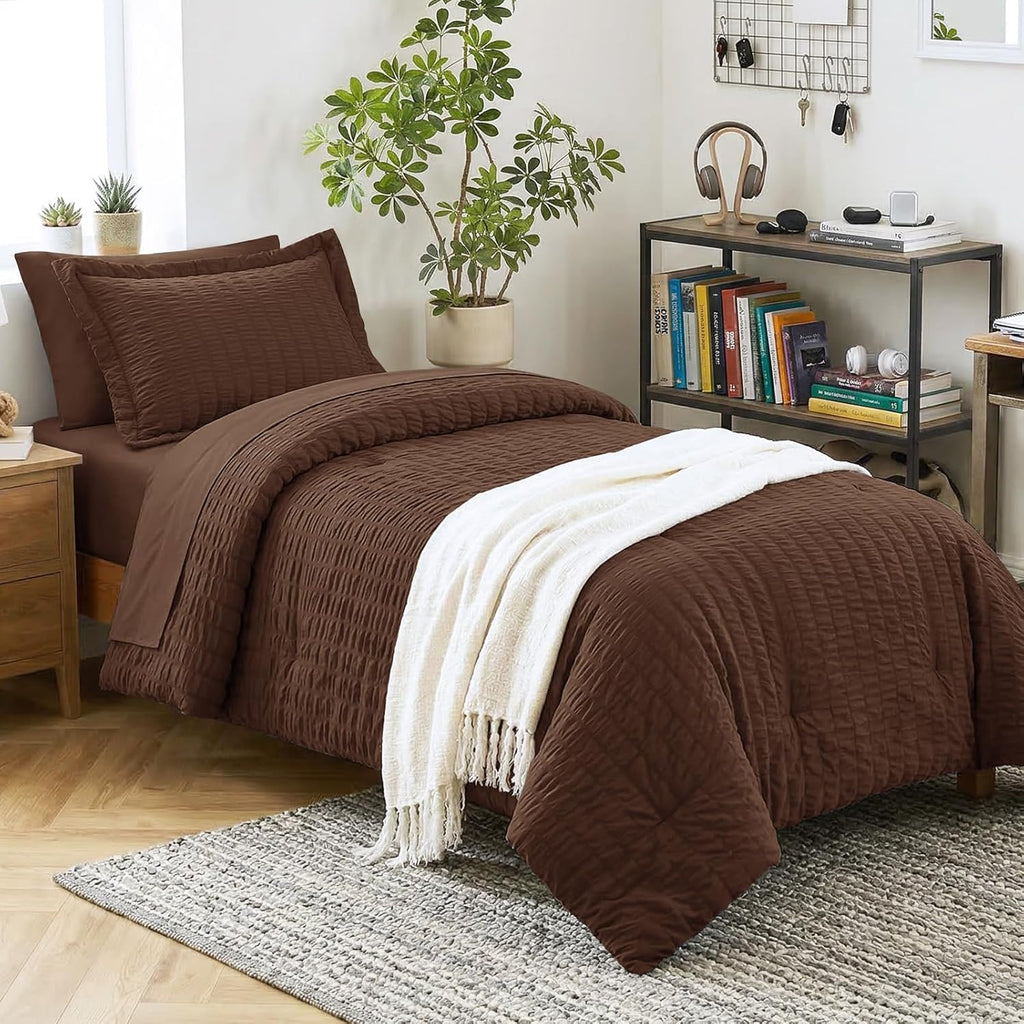 Yuelora Queen Bedding Set, 7 Pieces, Brown Seersucker Comforter Set