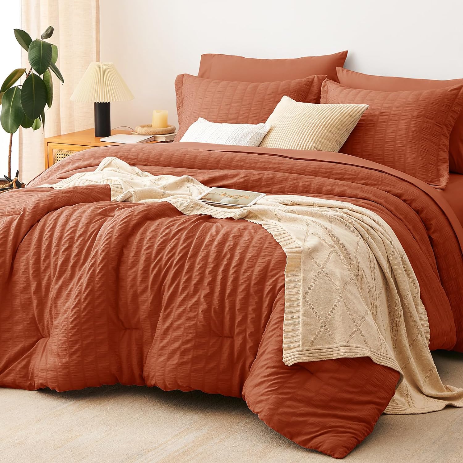 Yuelora Queen Bedding Set, 7 Pieces, Brown Seersucker Comforter Set