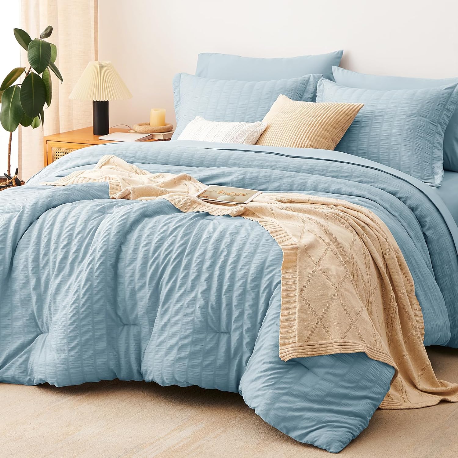 Yuelora Queen Bedding Set, 7 Pieces, Brown Seersucker Comforter Set