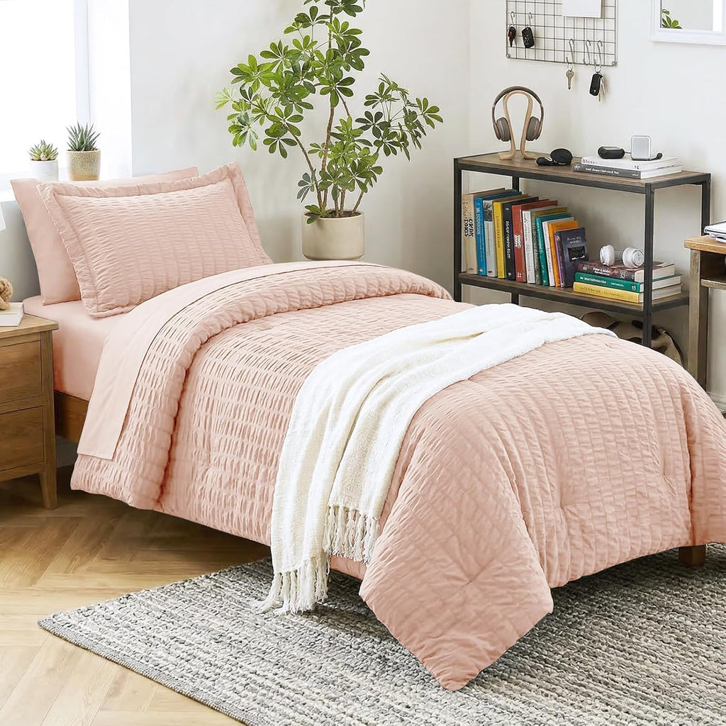 Yuelora Queen Bedding Set, 7 Pieces, Brown Seersucker Comforter Set