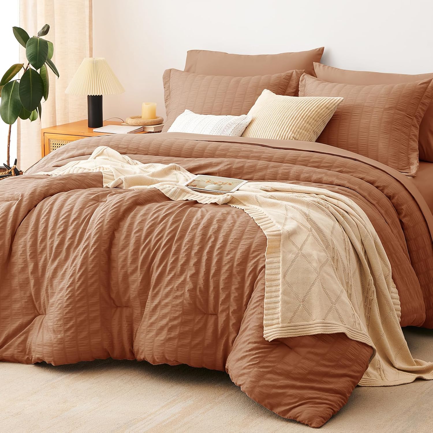 Yuelora Queen Bedding Set, 7 Pieces, Brown Seersucker Comforter Set