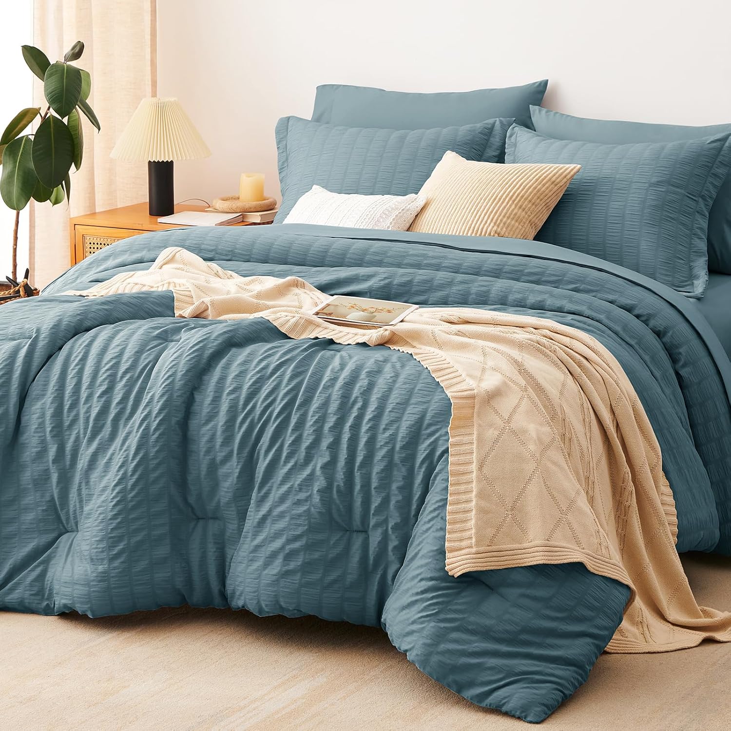 Yuelora Queen Bedding Set, 7 Pieces, Brown Seersucker Comforter Set