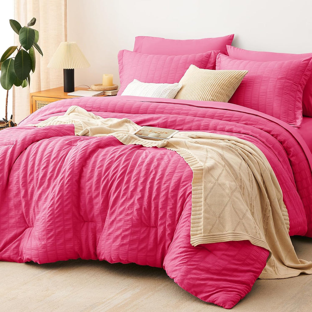 Yuelora Queen Bedding Set, 7 Pieces, Brown Seersucker Comforter Set