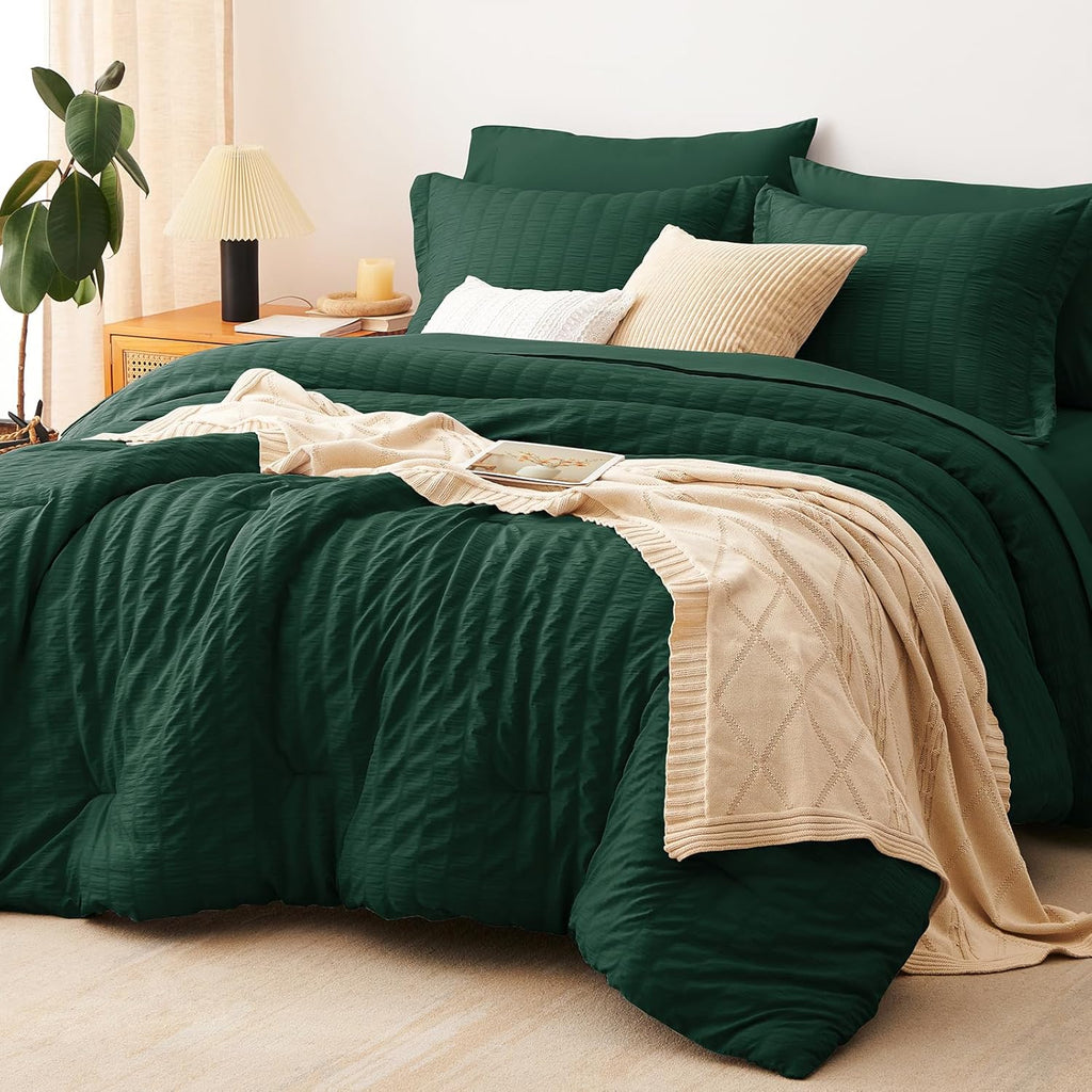 Yuelora Queen Bedding Set, 7 Pieces, Brown Seersucker Comforter Set