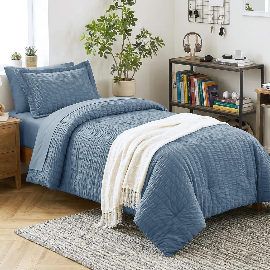 Yuelora Queen Bedding Set, 7 Pieces, Brown Seersucker Comforter Set
