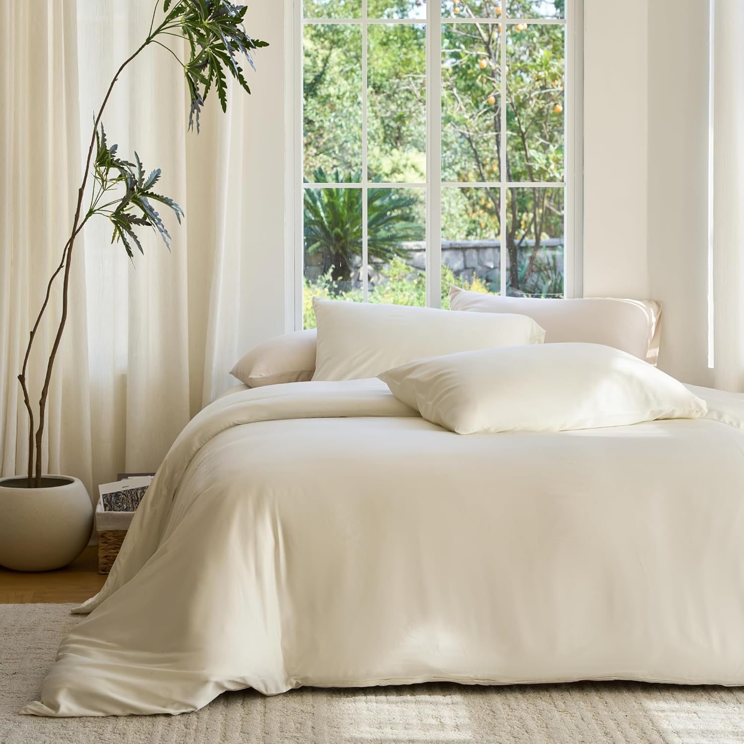Yuelora Duvet Cover Set, Bamboo Viscose, Ivory, Full/Queen
